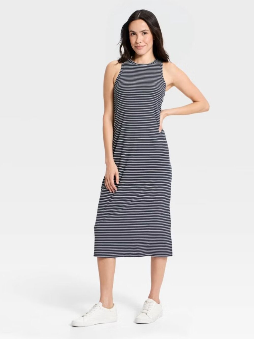 Women's Modal Ribbed Midi Dress - Target All In Motion™ Navy Blue Striped L